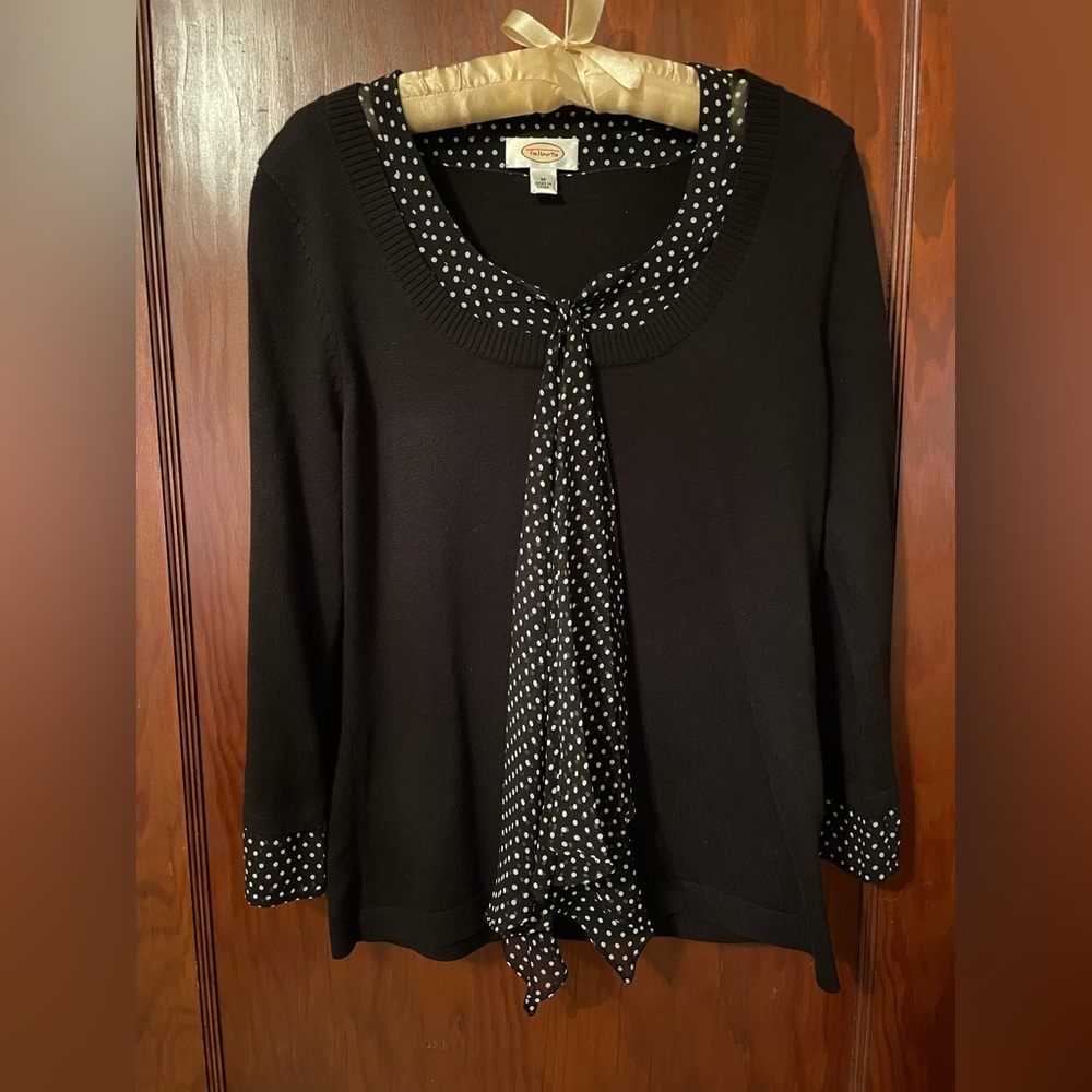 Talbots Black 3/4 sleeve sweater w faux sheer polka dot top cuffs and scarf M